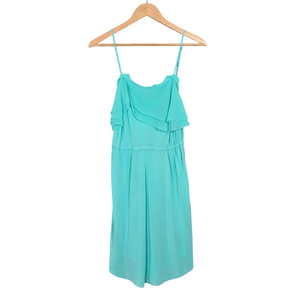 Wilfred Women's Aquamarine 100% Silk Ruffle Mini Slip Spaghetti Straps Dress S - Picture 2 of 11